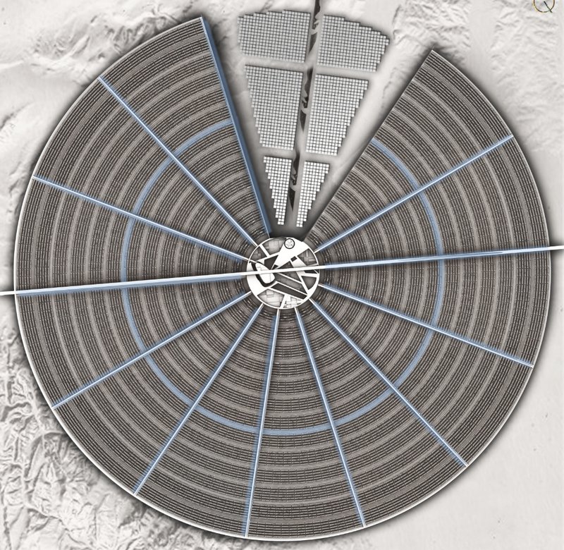 Radial masterplan diagram illustrating sector-based growth, transport lines, and centralized city hub.