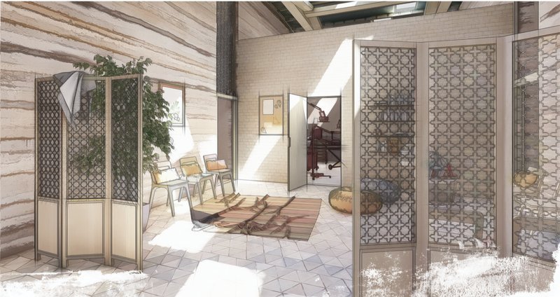 Warm, climate-responsive interior space integrating local materials and modular partition systems.