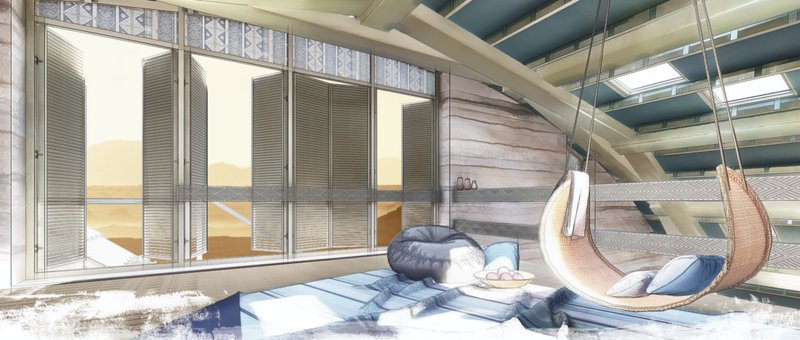 Sunlit relaxation area with adjustable façade shutters for passive climate control and comfort.