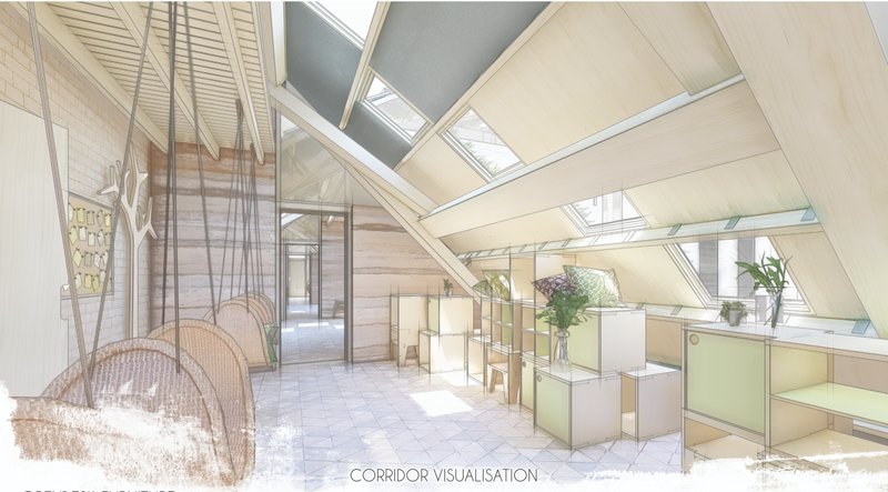 Corridor visualisation highlighting skylights, cross-ventilation, and flexible storage systems.