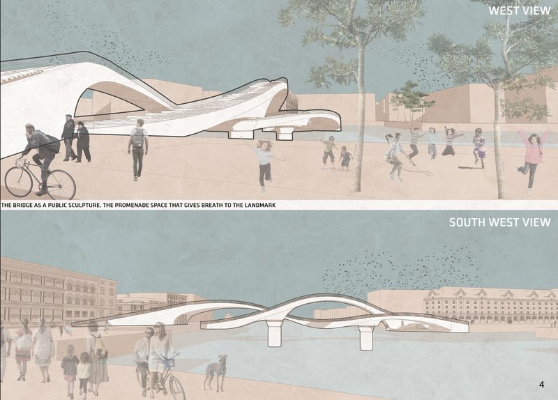 The bridge as a sculptural public landmark activating the surrounding urban space.