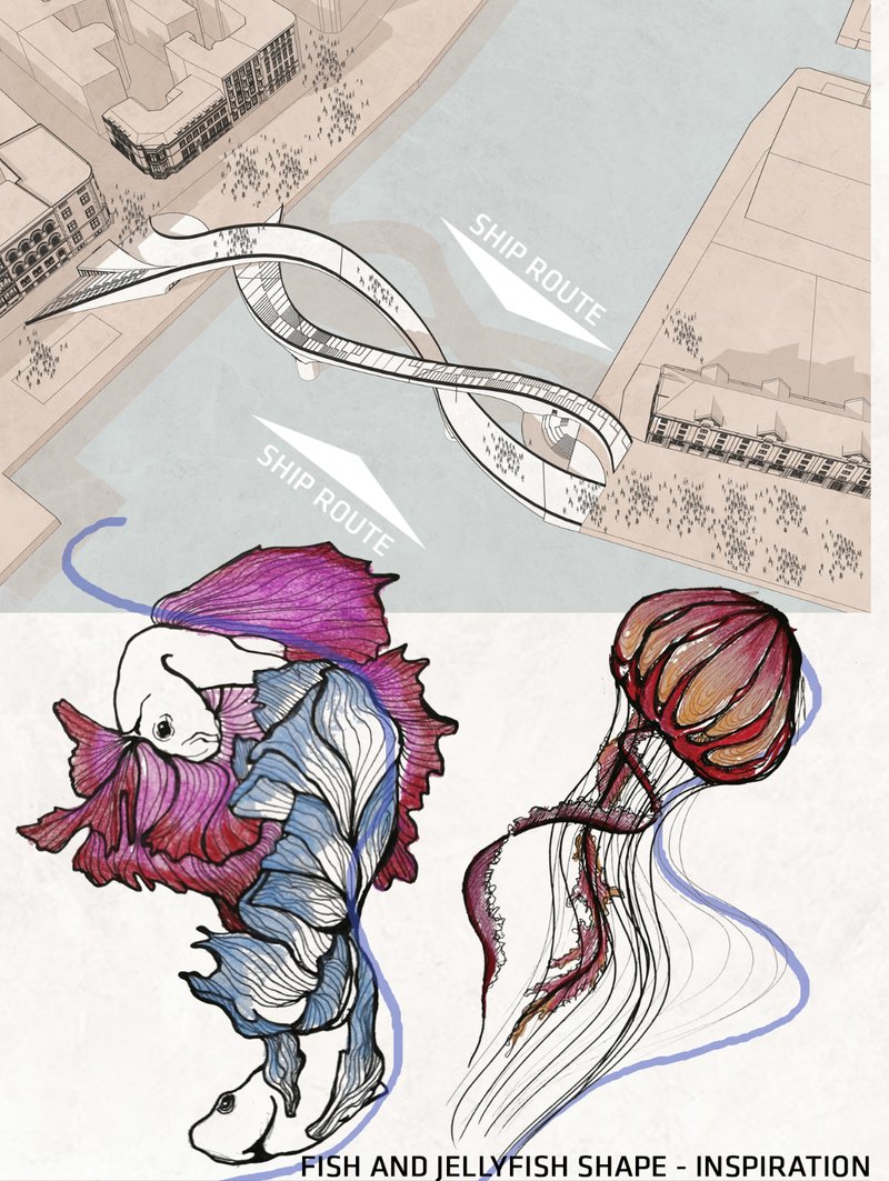 Fish and jellyfish forms shaping the biomorphic geometry of the bridge design.