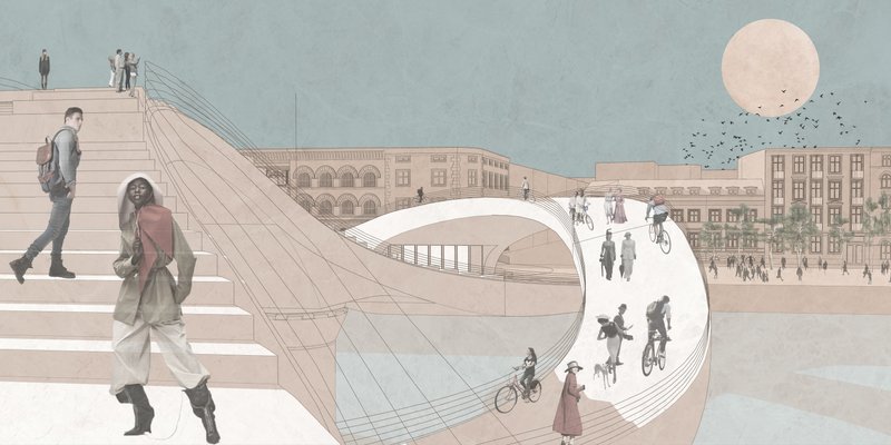 A flowing, wave-like structure merging movement, rest, and city observation.