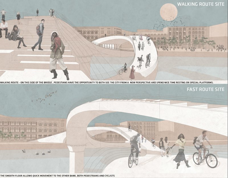 Stepped promenade offering panoramic city views and social spaces for pedestrians.