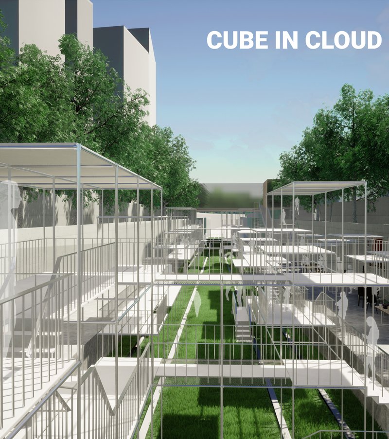 Modular platforms create layered public spaces above recycled railway infrastructure.