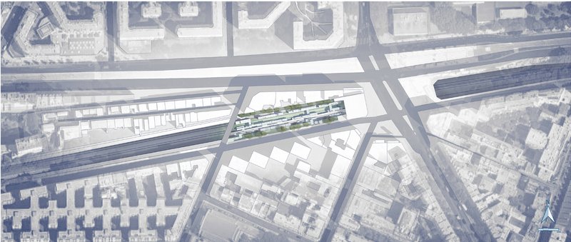 Urban railway corridor reimagined as a linear green regeneration spine.