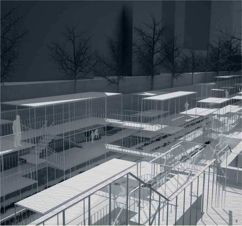 Lightweight steel modules form adaptable terraces and circulation bridges.