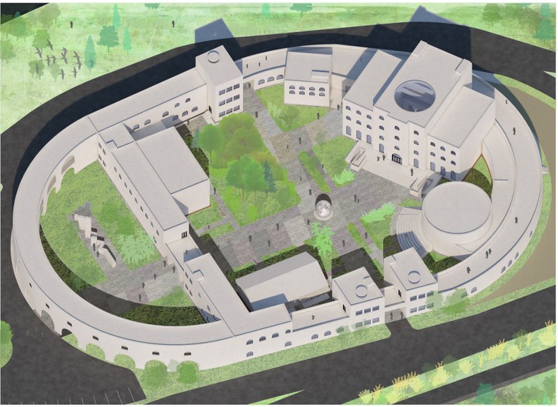 Central courtyard and museum ensemble forming a contemporary temple for moon missions.