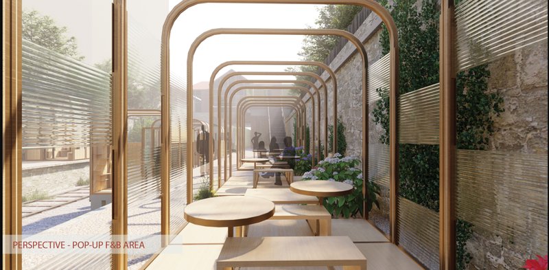 Pop-up F&amp;B corridor framed by curved timber modules and translucent panels along the rail track.