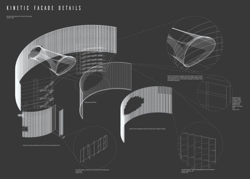 Adaptive amphitheatre transforming between exhibition, discussion, and seasonal public gathering space.