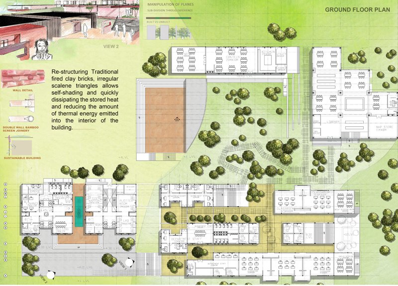 Climate-responsive campus layout integrating courtyards, shaded corridors, and sustainable brick construction within the forest landscape.