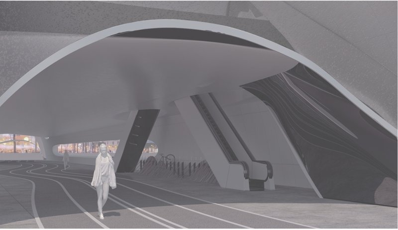 Fluid interior circulation separating cyclists and pedestrians within the parametric bridge structure.