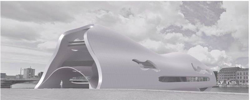 Sculptural waterfront elevation defining The Urban Link as a contemporary architectural landmark.