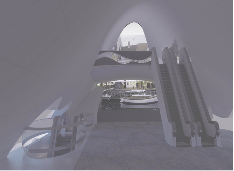 Vertical public circulation with panoramic openings connecting interior space to the harbor views.