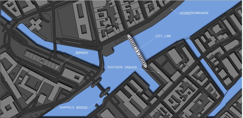 Site plan showing City Link’s strategic connection between Copenhagen’s riverbanks and key urban landmarks.