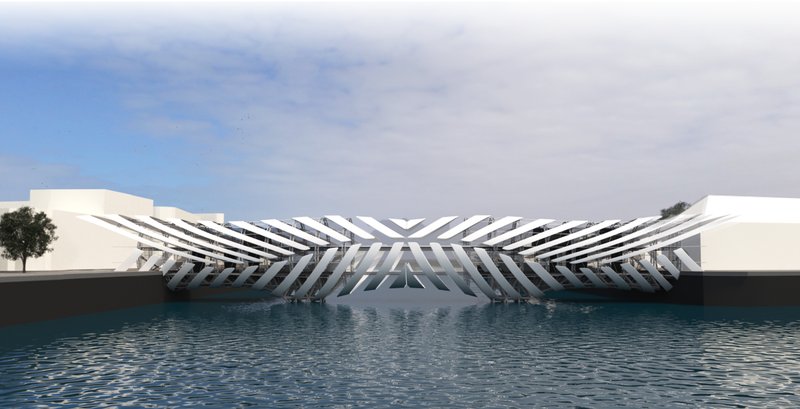 Front elevation view highlighting the bridge’s sculptural ribs spanning across the water.