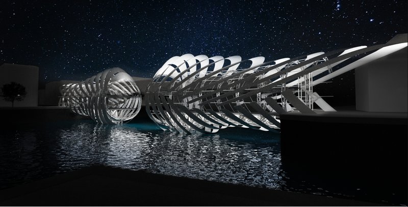 Night view of the kinetic bridge opening, creating a dramatic morphing architectural spectacle.