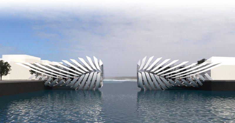 Open configuration during daylight, expressing movement, lightness, and dynamic urban design.