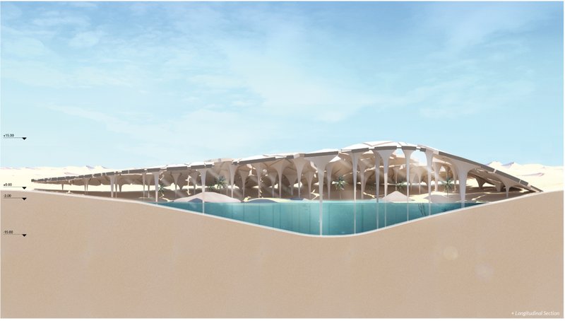 A sectional reveal of the pavilion shows atmospheric water harvesting columns feeding a central oasis.
