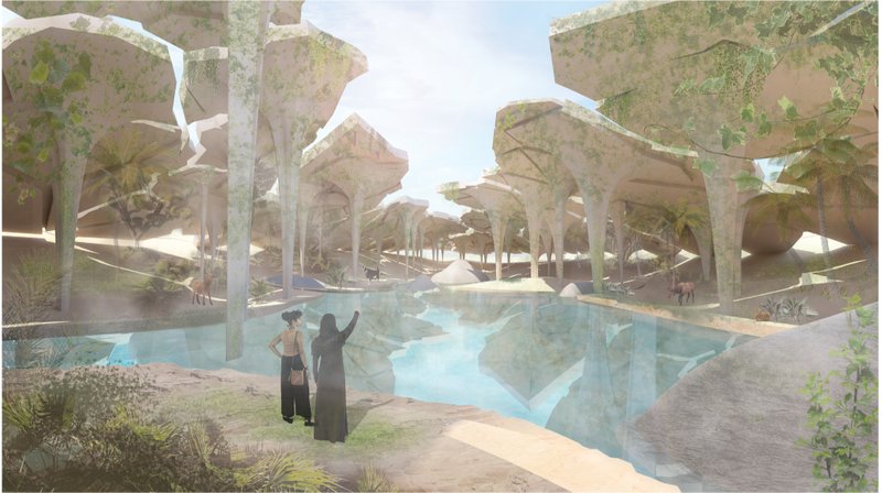 Harvested water transforms arid terrain into a lush micro-ecosystem of shade, reflection, and life.