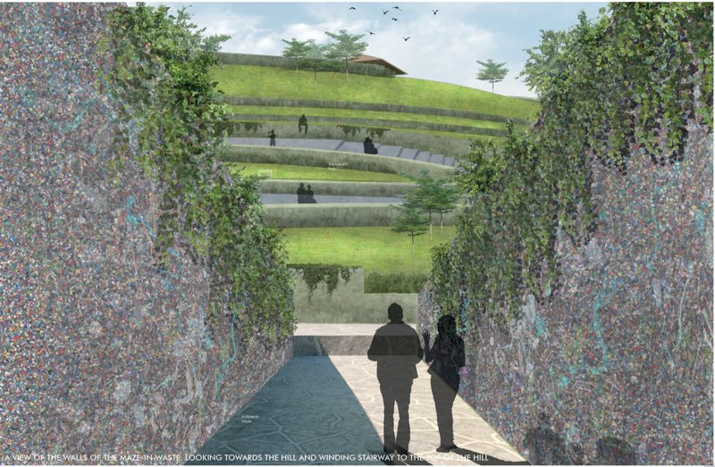 Maze in Waste corridor framed by recycled walls, leading toward the terraced hilltop landscape.