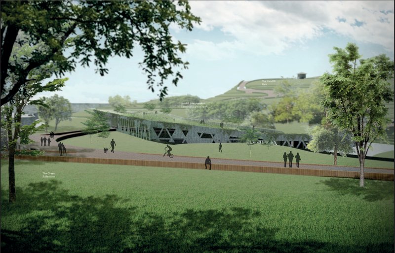 Landfill Interpretation Center embedded into the green slope, forming part of the urban park.