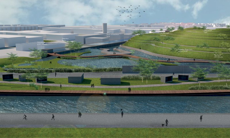 Terraced landform and public pathways transforming the former landfill into an accessible civic space.