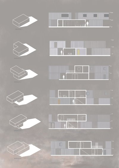 The image presents an architectural diagram showcasing six different modular building configurations