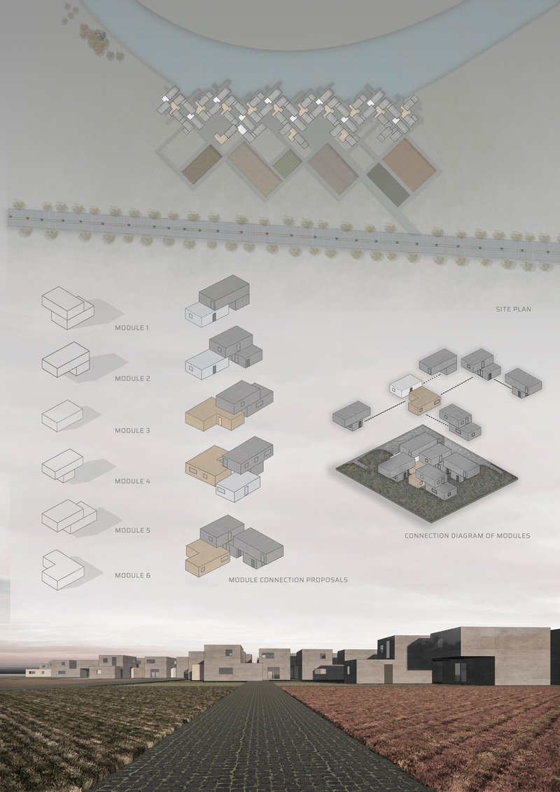 Modular housing clusters organized along agricultural fields, creating a structured yet adaptable settlement layout.