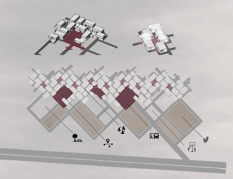 Functional diagram illustrating shared courtyards, circulation networks, and integration with surrounding farmland.