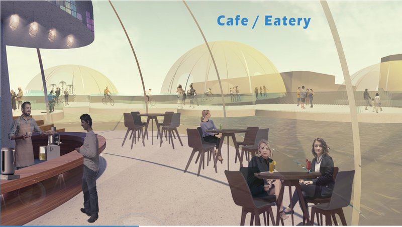 Cafe and eatery inside a transparent floating pod overlooking the water.
