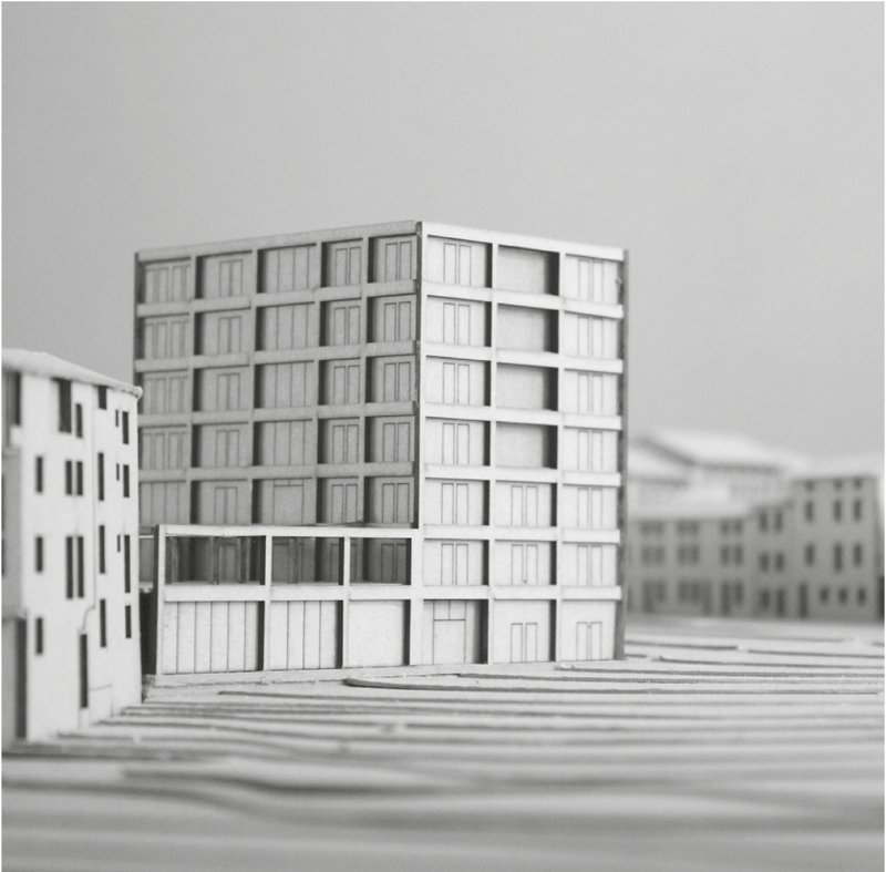 Physical model illustrating the building’s urban massing and contextual scale.