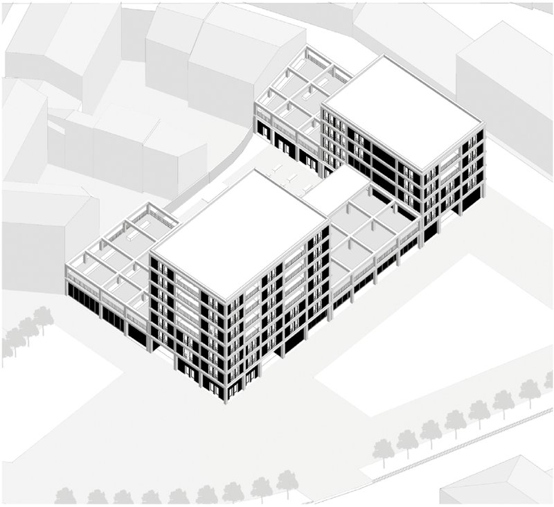 Axonometric view showing the vertical integration of public and residential programs.