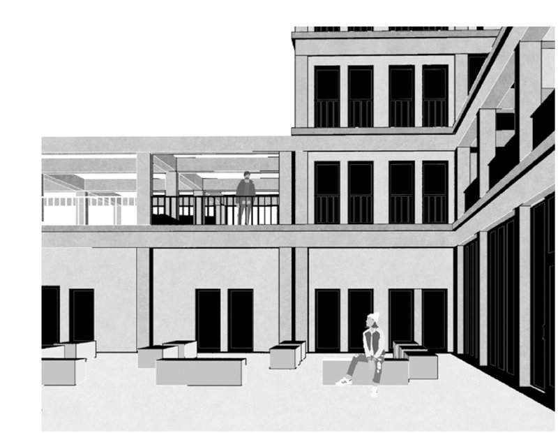 Shared courtyard acting as a semi-public social space between housing volumes.