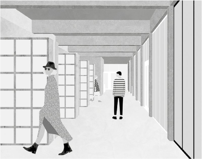 Library interior corridor designed for openness, movement, and informal interaction.