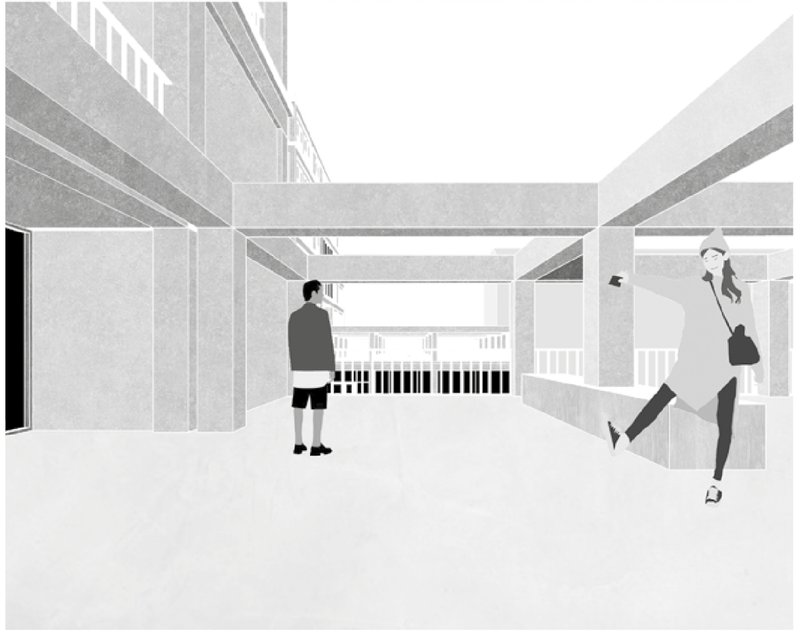 Common outdoor gallery connecting housing units and shared terraces.