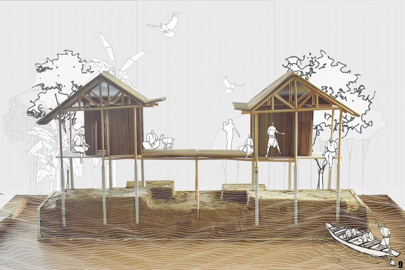 Elevated bamboo houses designed on stilts to withstand seasonal flooding along the Jamuna Riverbank.