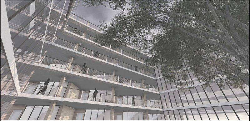 Open courtyard circulation fostering vertical community interaction.