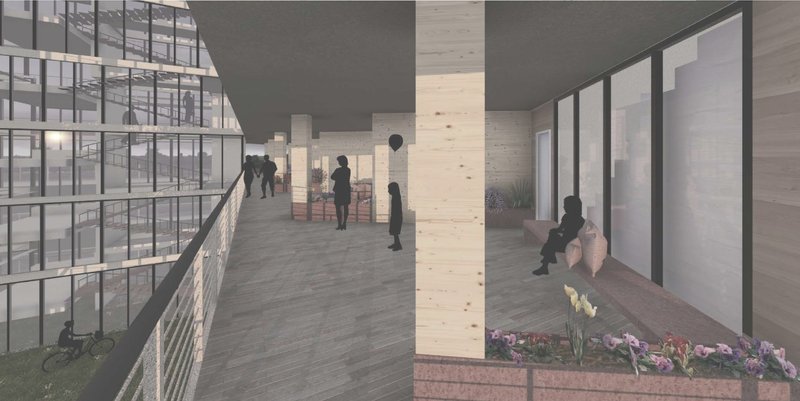 Shared balcony corridor activating social life within a modular housing system.