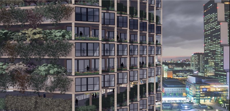 Modular façade with integrated green terraces redefining urban housing density.