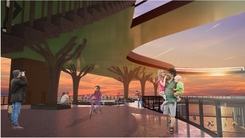 A flowing public terrace framed by tree-like columns creates a shared urban canopy overlooking the river.