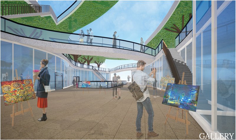 An open gallery courtyard integrates art, movement, and natural light within a continuous mixed-use environment.