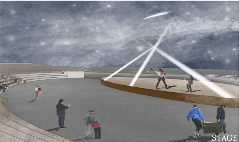 A dynamic outdoor stage activates the square, hosting performances, festivals, and community gatherings.