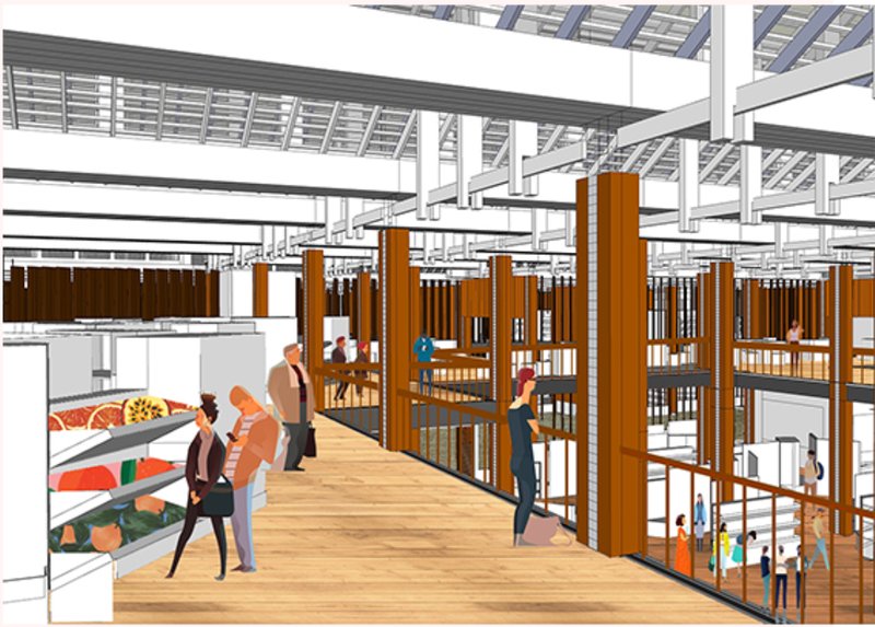 Timber-framed interiors create visual connectivity, natural ventilation, and elevated public walkways overlooking market activity.