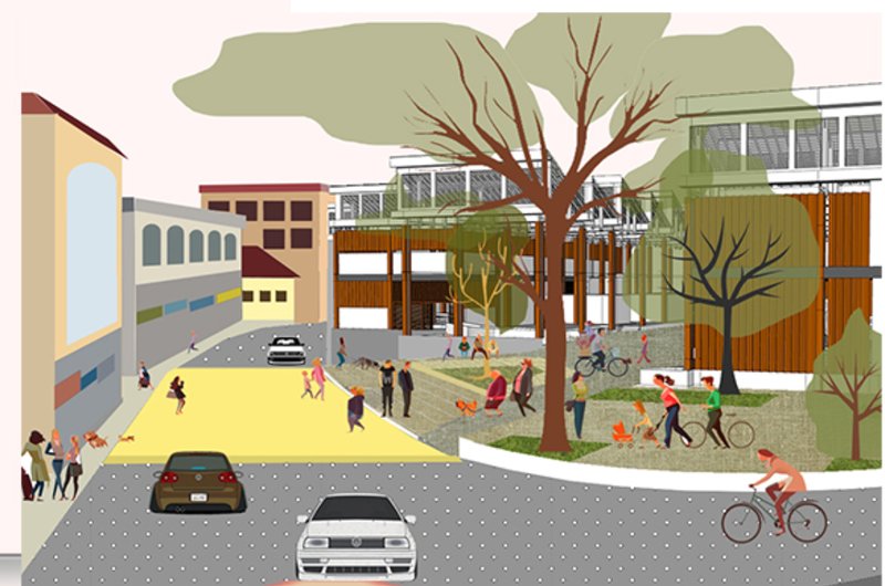 The redesigned market plaza activates the street edge, blending commerce, community interaction, and shaded public space.