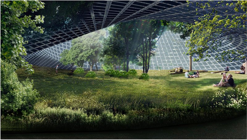 Regenerated landfill transformed into a public green landscape beneath the looping façade.