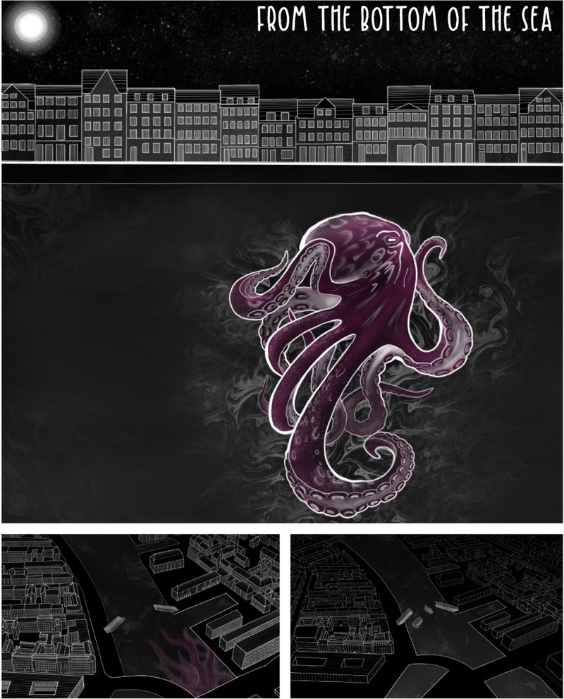&nbsp; The kraken as a metaphor for climate change emerging from the depths of the city.
