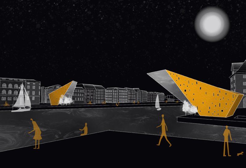 &nbsp; Night view of the sculptural vertical volumes framing the submerged pedestrian and cycle passage.