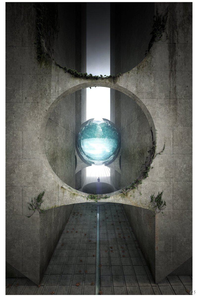 A suspended water core glows within monumental concrete walls, symbolizing life and memory.