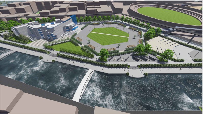 Aerial view of the Walking Library and central plaza integrated with the riverfront landscape.